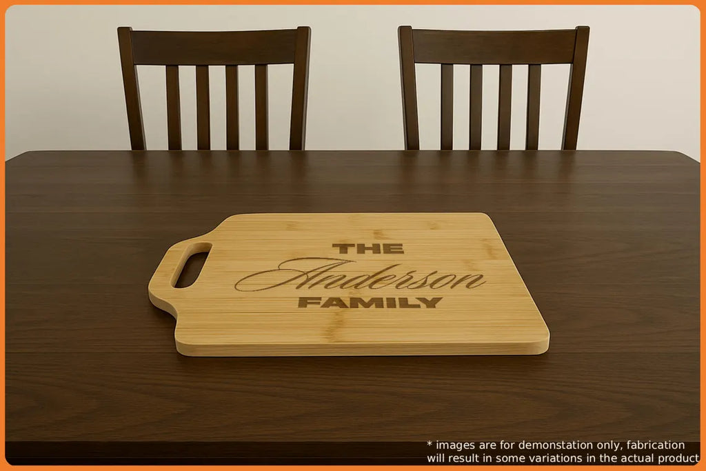Personalized wooden cutting board on a dining table with two chairs