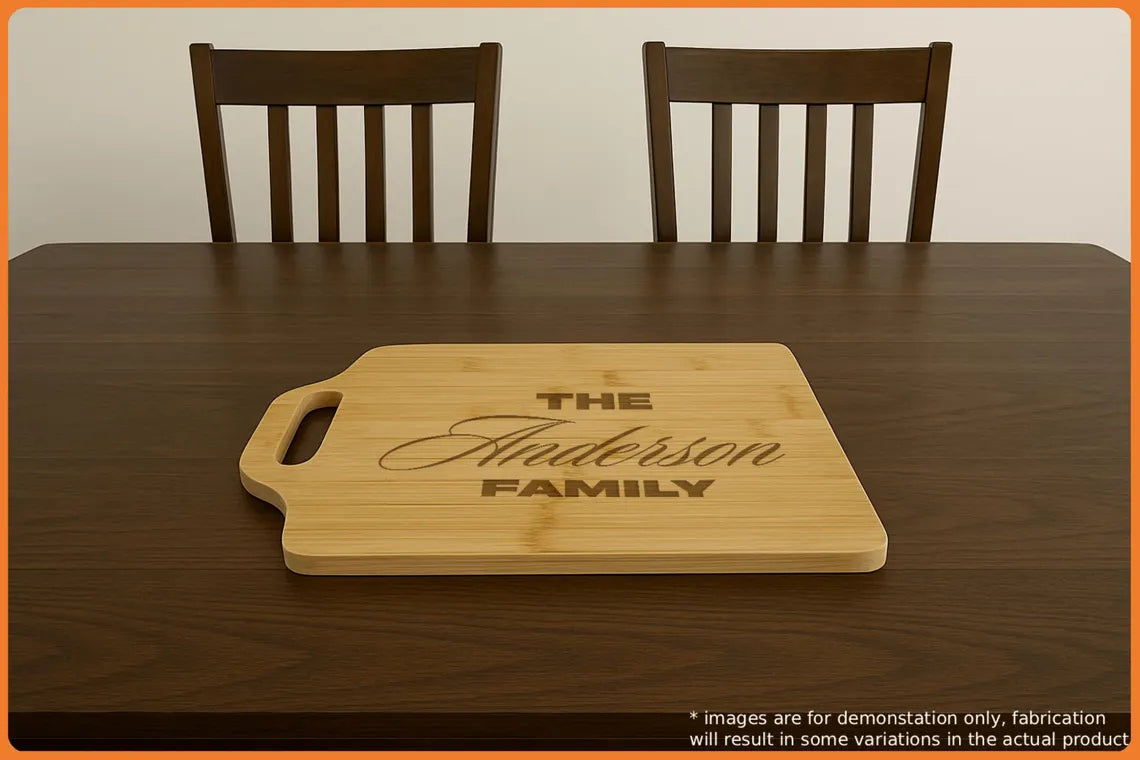 Personalized wooden cutting board on a dining table with two chairs