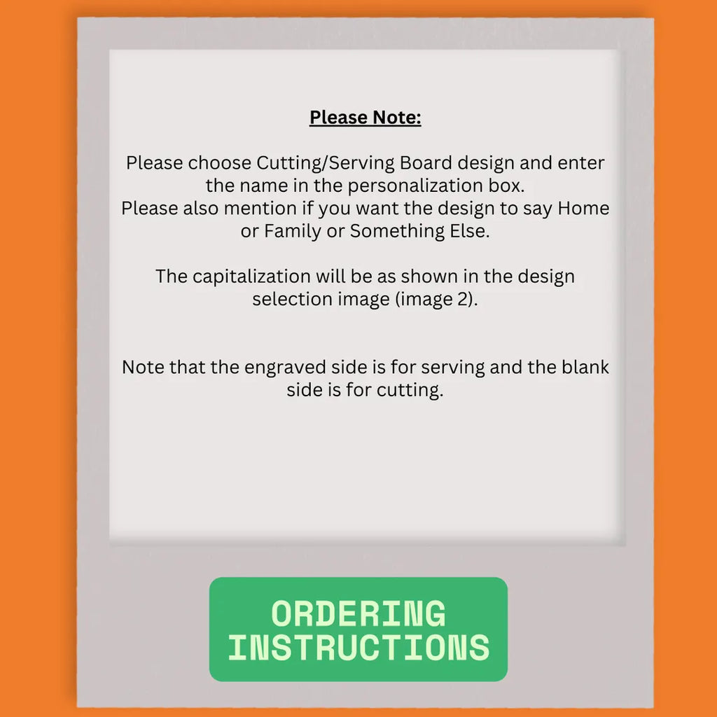 Ordering instructions for a cutting/serving board design