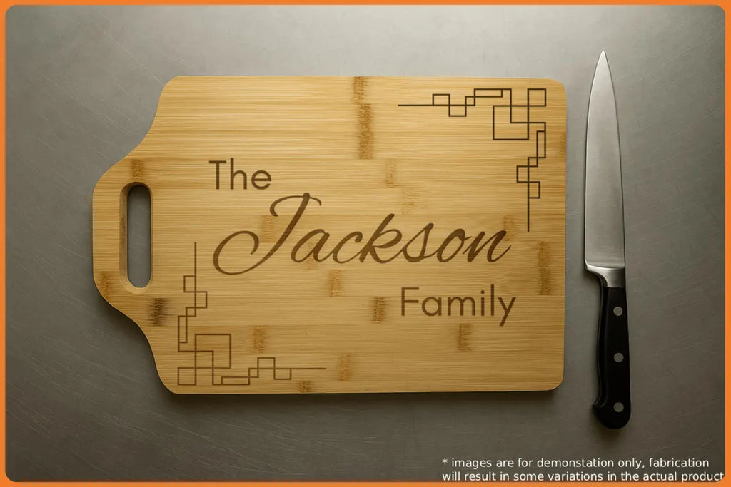 Personalized wooden cutting board with the name 'Jackson Family' and a knife beside it.